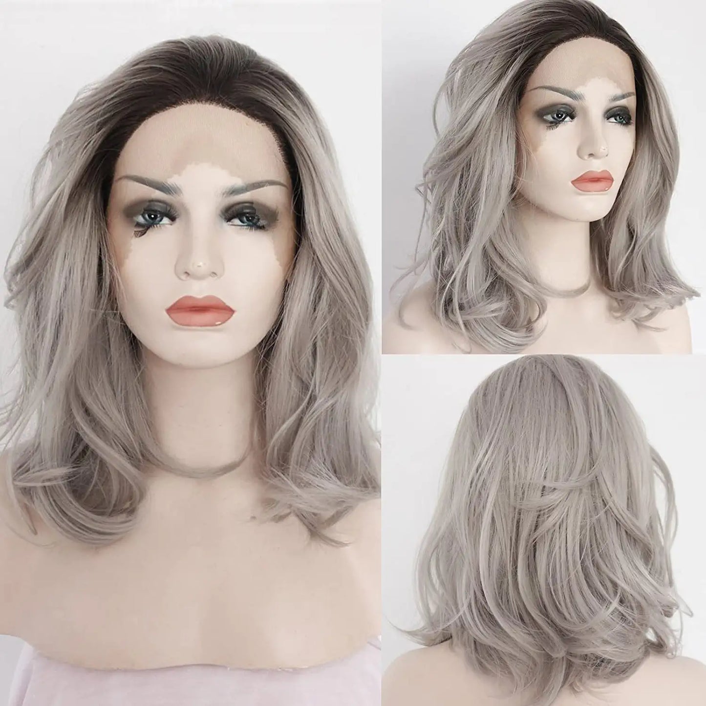 Ombre Grey With Black Roots Wig Short Bob Lace Front Wig
