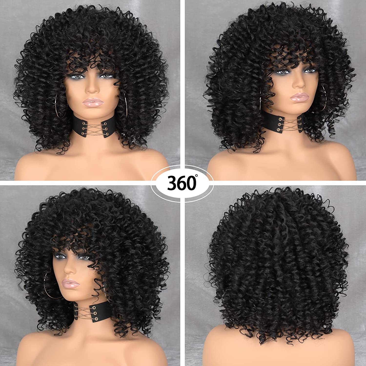 Black Curly Afro Wig for Women, Kinky Black Curly Wigs for Women, Natural Synthetic Curly Wig with Bangs