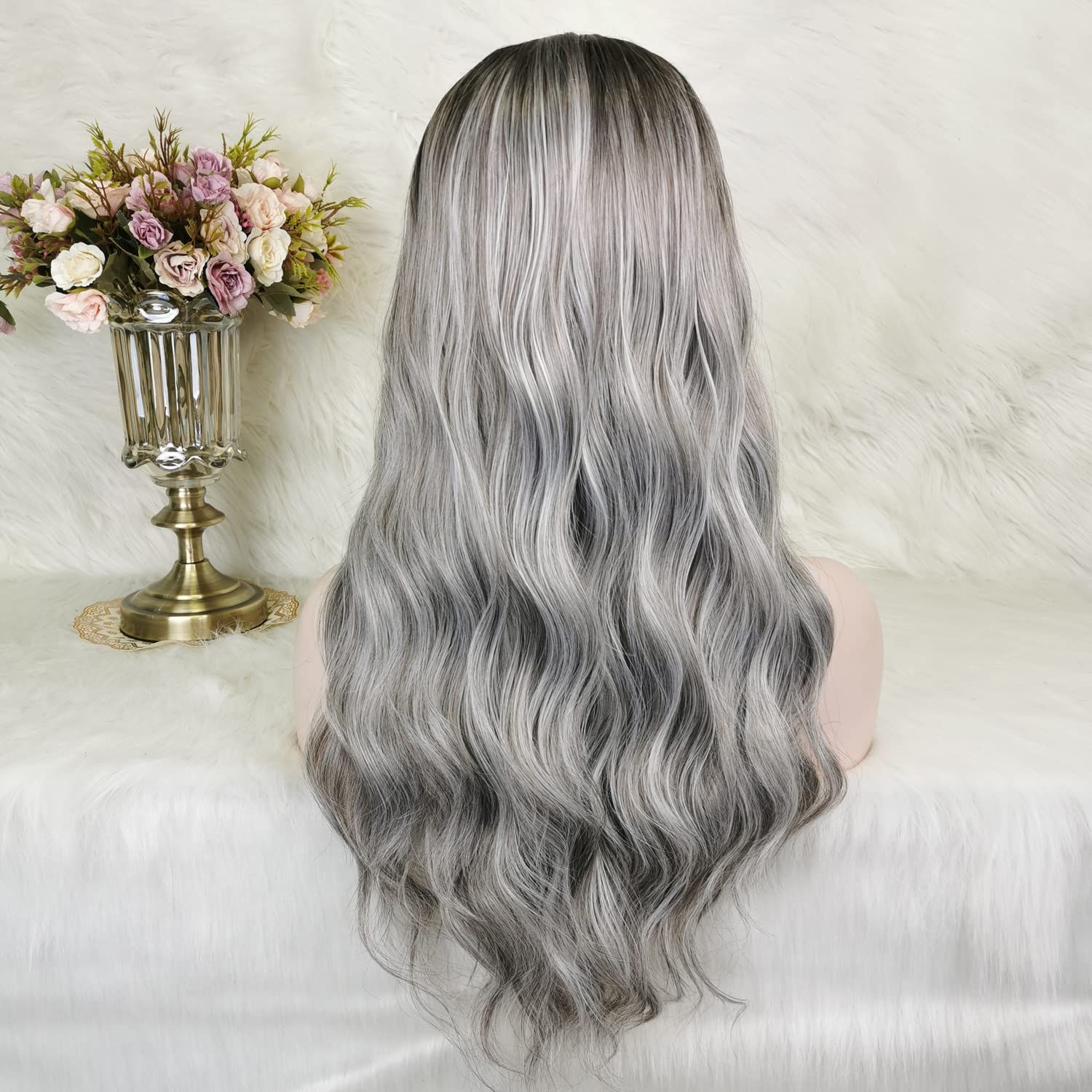 Dirty Gray Wigs Mixed Sliver Lace Front Wig Long Loose Wave Grey Synthetic Fiber Hair Highlighted Wig