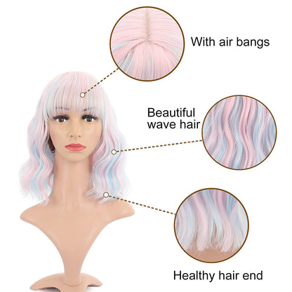 Short Wavy Pink Wig With Air Bangs