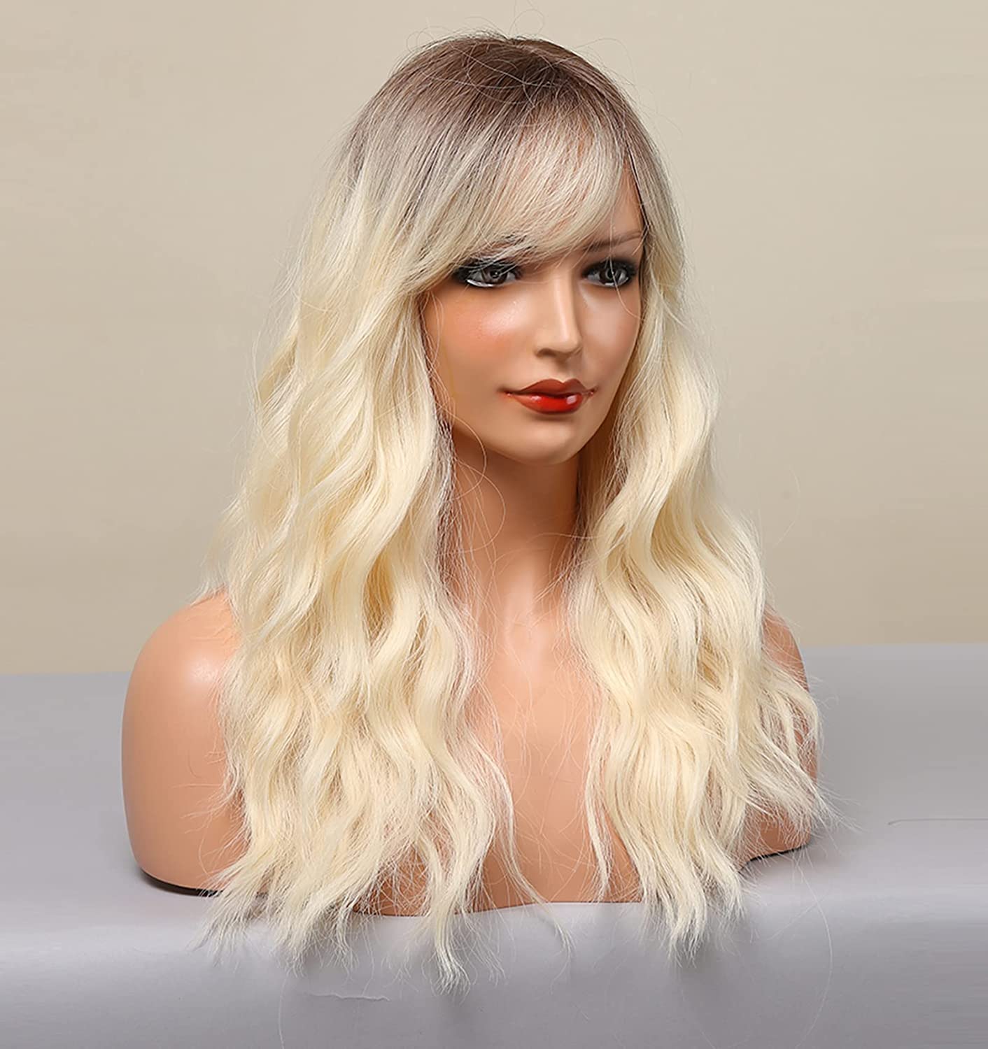 Ombre Platinum Blonde Curly Wigs With Curtain Bangs Sheer Beaut