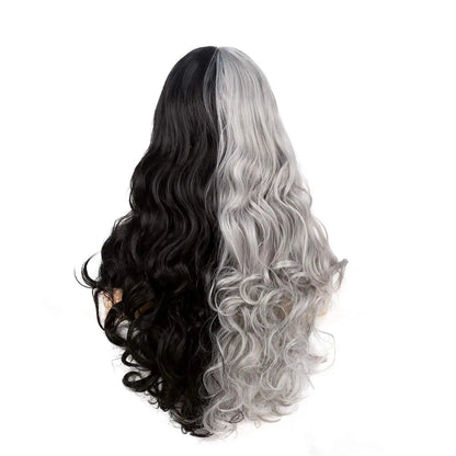 Half Black Half Gray Split Dye Wavy Hair Wig With Bangs