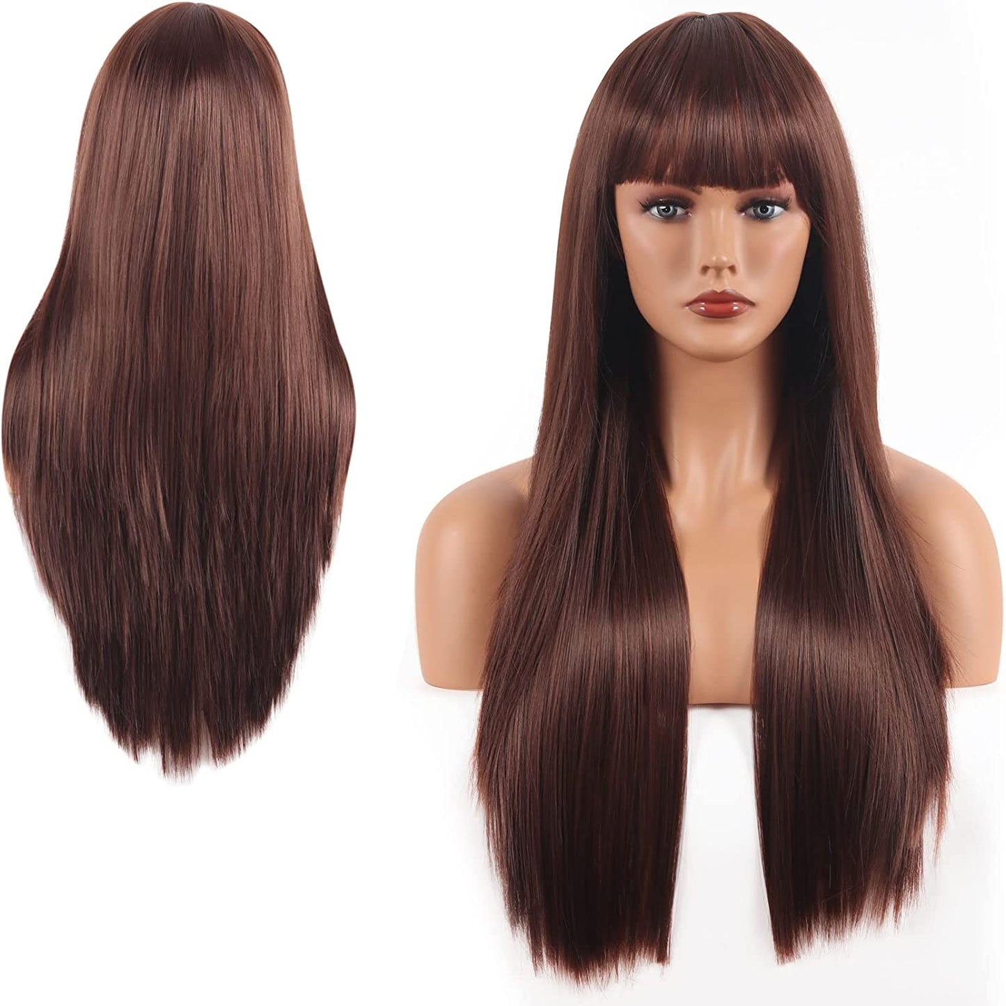  Long Straight Brown Wig with Bangs, Dark Brown Wig for Women
