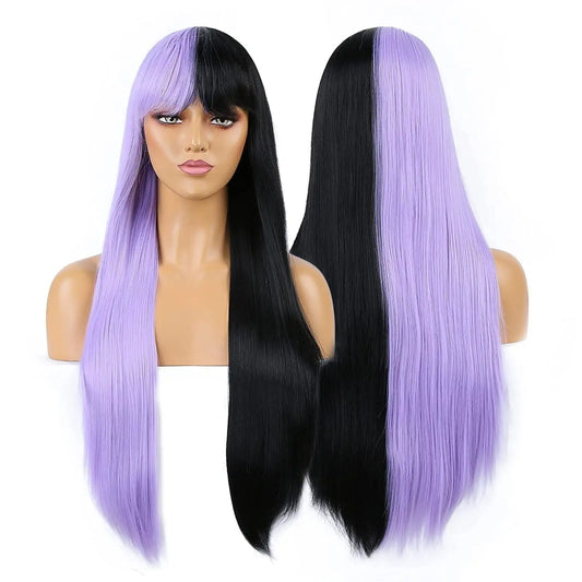  Half Black Half Purple Cosplay Wigs Long Straight Lolita Bangs Wig 