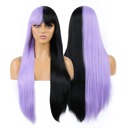 Split Dye Hair Half Black Half Purple Hair Wigs with Bangs Sheer