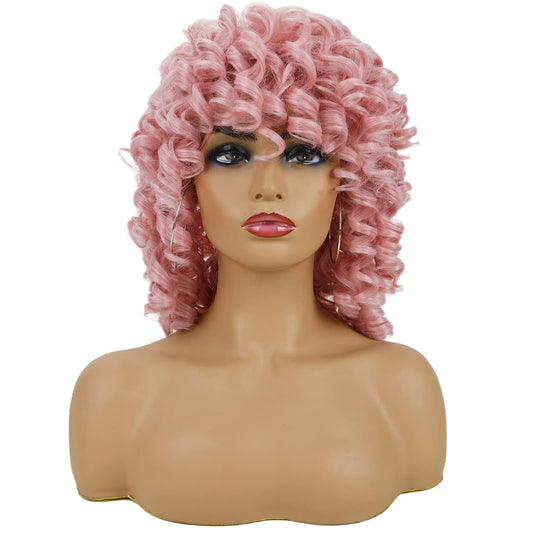 Pink Afro Curly Wig With Bangs