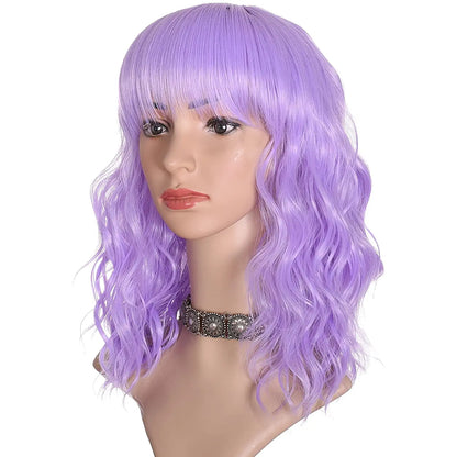 Short Bob Wavy Lavender Purple Hair Wig with Bang