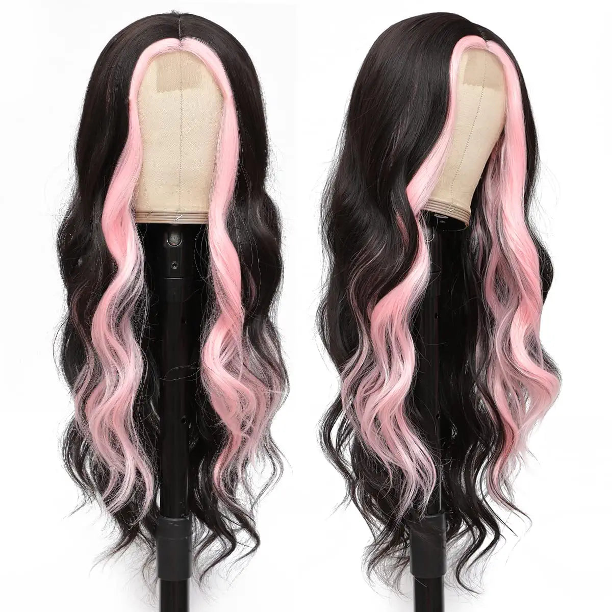 Long Black Pink Wavy Highlight Wig