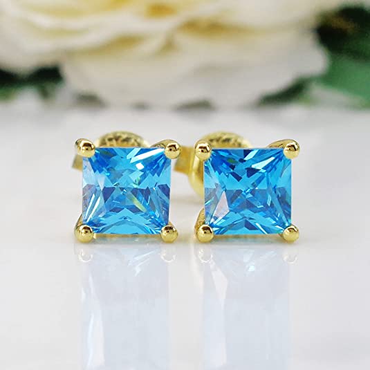 18k Gold Plated Lake Blue Created Topaz Stud Earrings