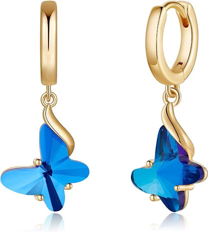 Gold Blue Butterfly Hoop Earrings