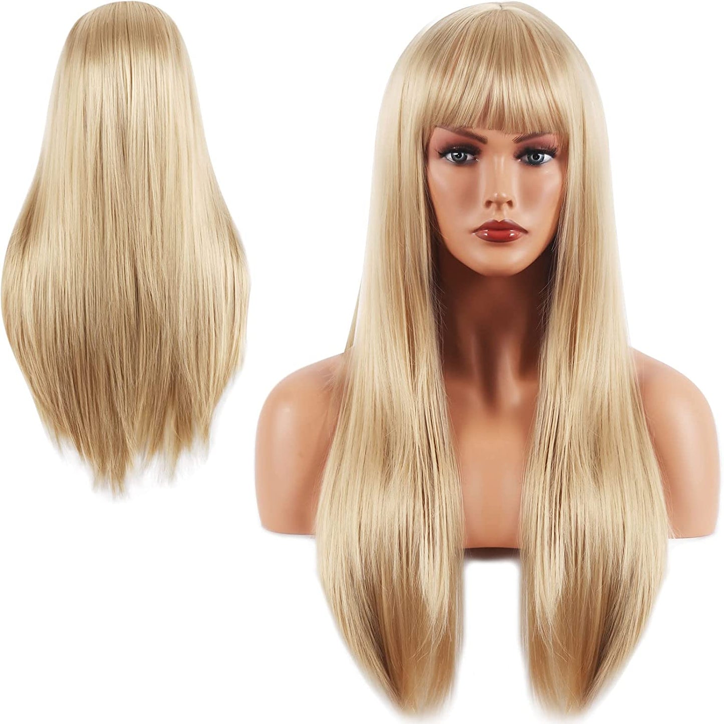  Long Straight Blonde Wig with Bangs, Platinum Blonde Wig