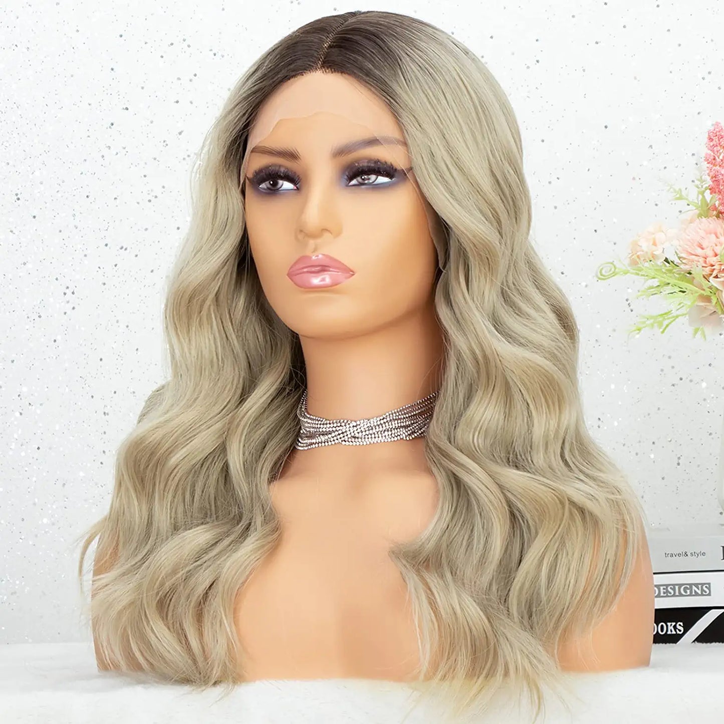Ombre Blonde Roots Middle Parting Wavy Lace Wig