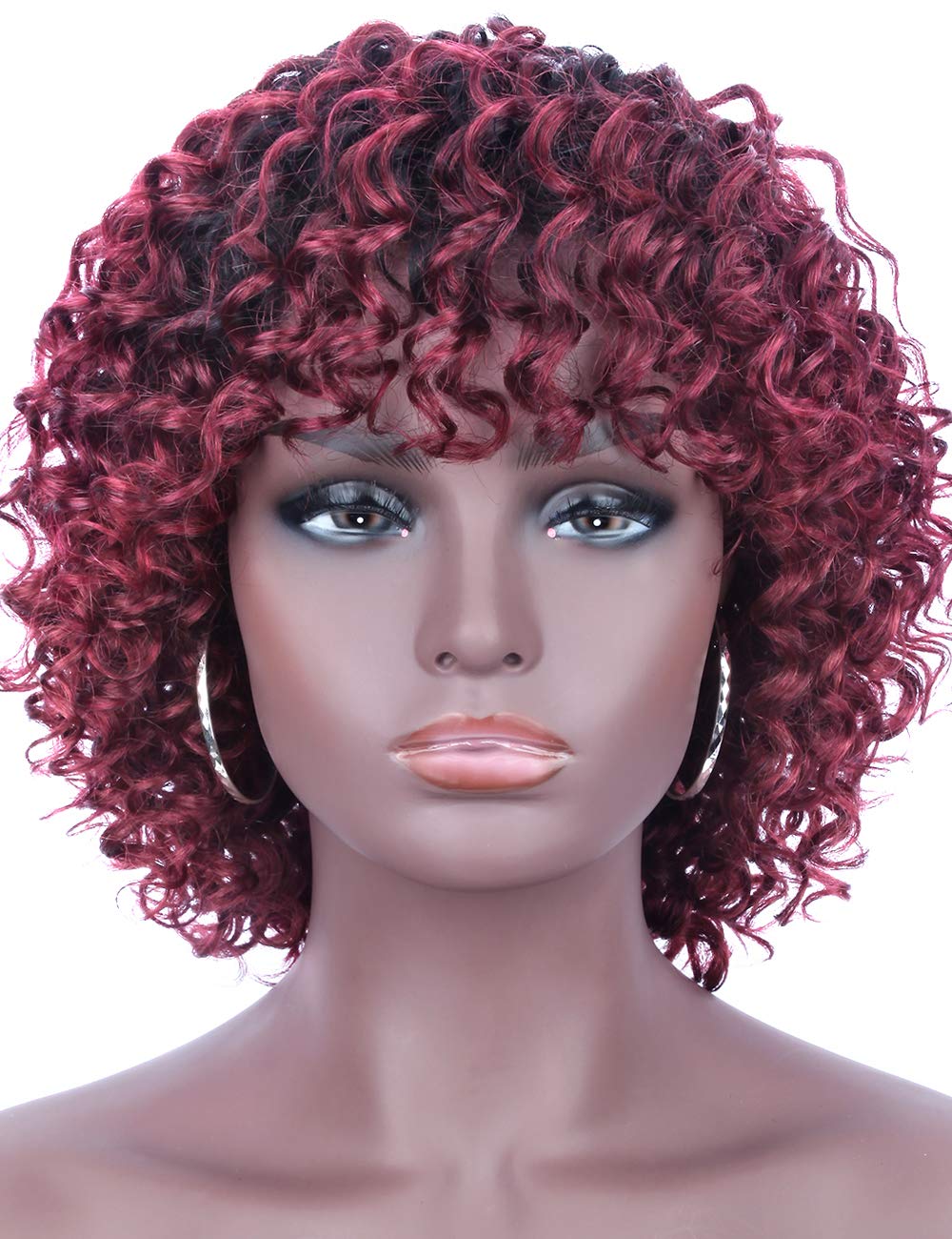 Short Ombre Wine Red Curly Brazilian Remy 100% Human Hair Wigs for Black Women Full Head Wave Curls Wig with Hair Bangs