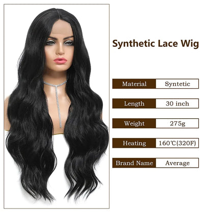 28" Long Wavy Highlight Wigs Skunk Stripe Body Wave Synthetic Lace Wig Side Part Black Wig with Green Streaks Highlighted Wig for Women Black Color