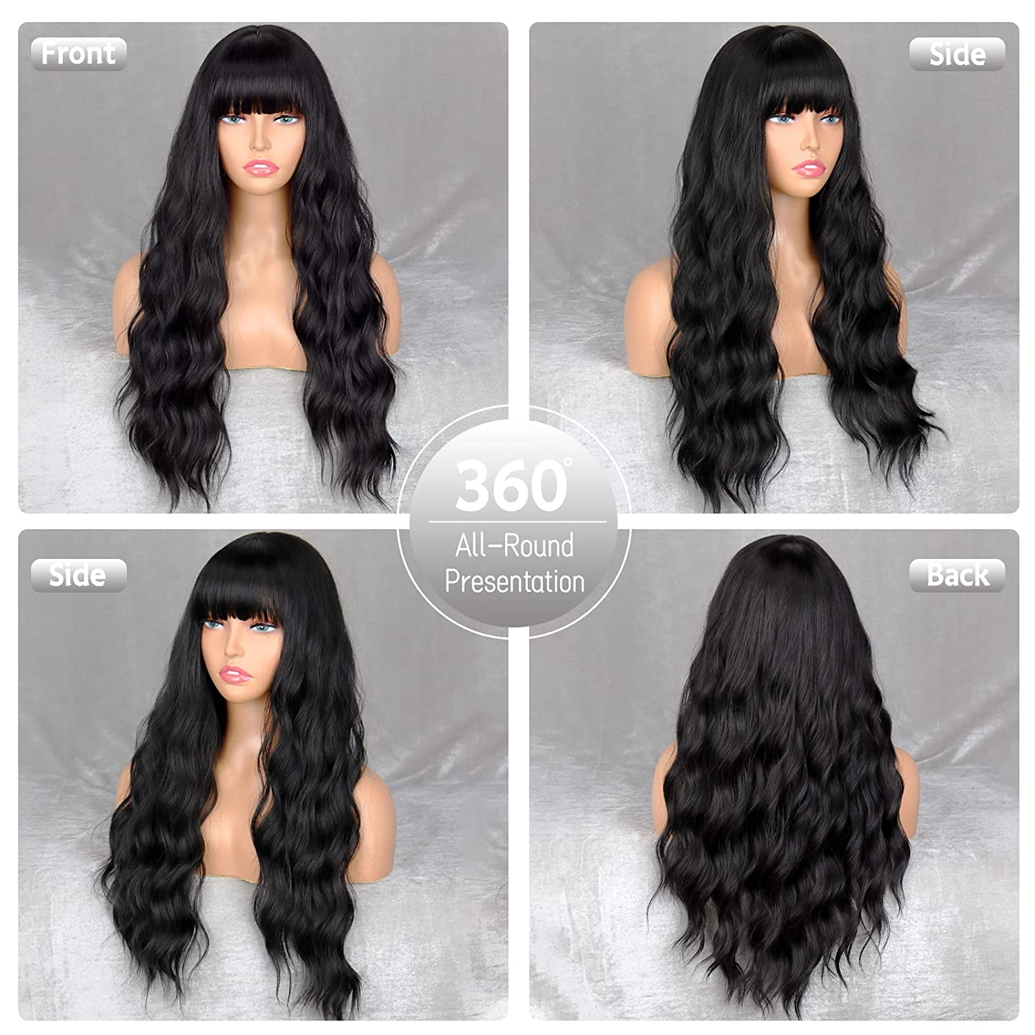 ong Black Wig with Bangs,Synthetic Wavy Bang Black Wigs for Women, Women Long Curly Heat Resistant Black Hair Wig