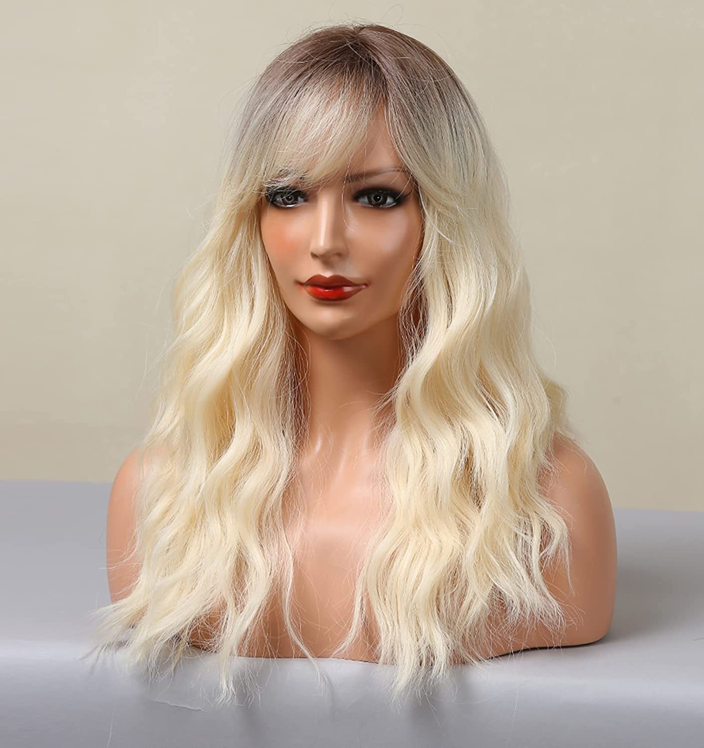 Ombre Platinum Blonde Curly Wigs With Curtain Bangs
