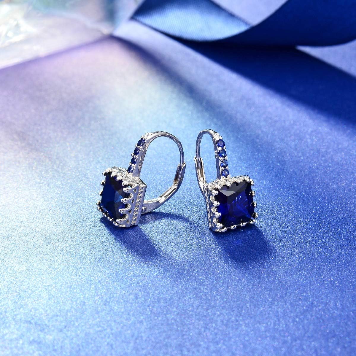 Blue Sapphire Princess Cut 925 Silver Earrings for Women