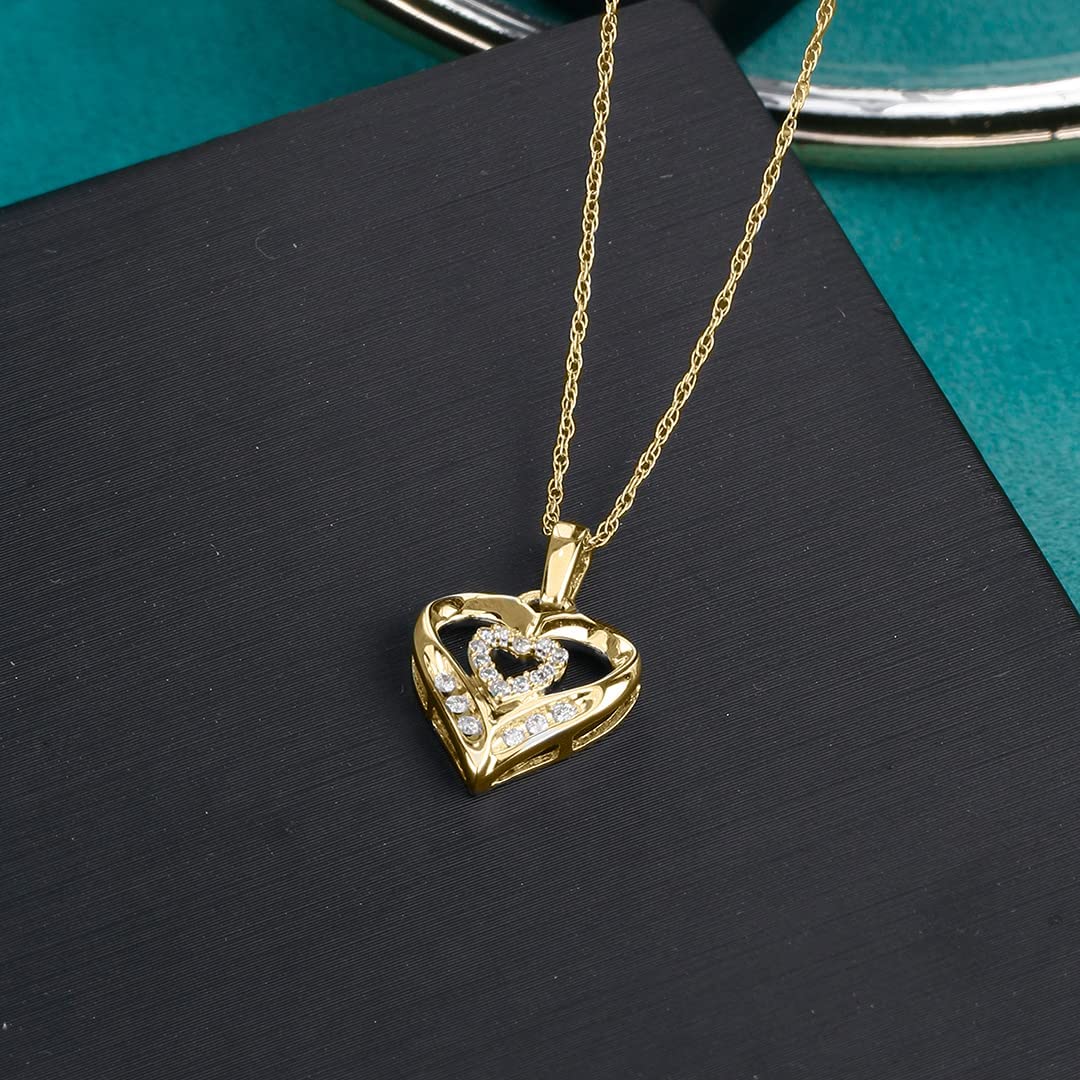 10K Yellow  Gold Diamond Heart Necklace For Women