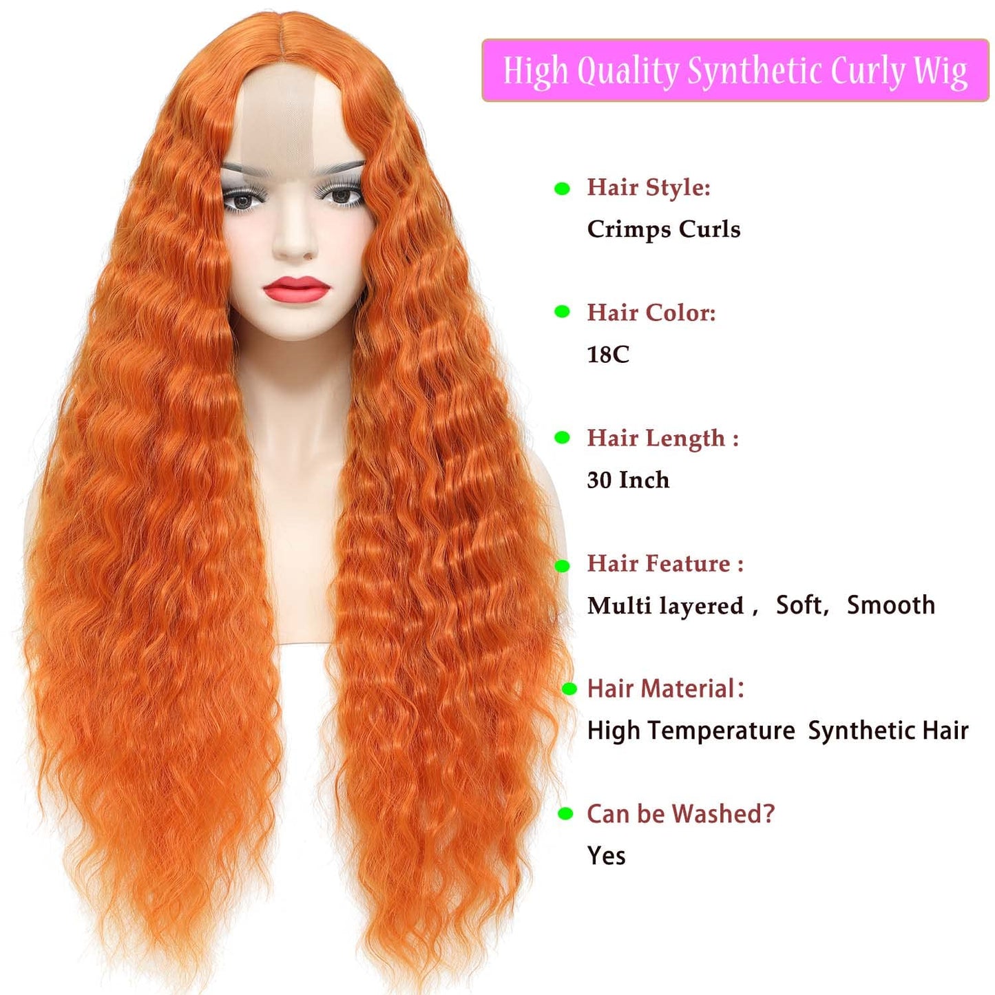 Long Ginger Orange Middle Part Wigs