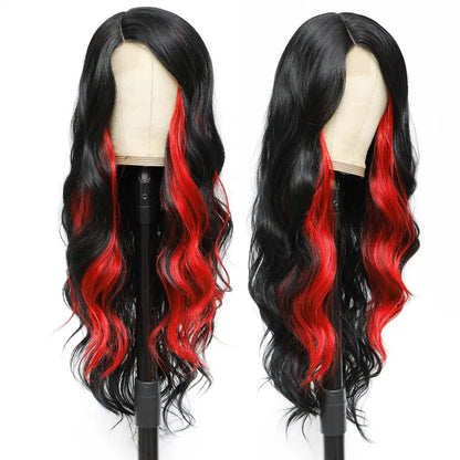 Red & Black long wavy lace wig for black women ,white women wigs ,cosplay wigs