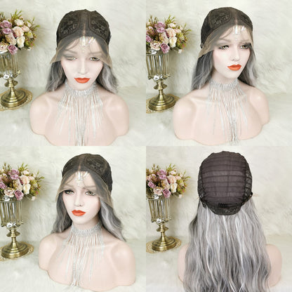 Dirty Gray Wigs Mixed Sliver Lace Front Wig Long Loose Wave Grey Synthetic Fiber Hair Highlighted Wig