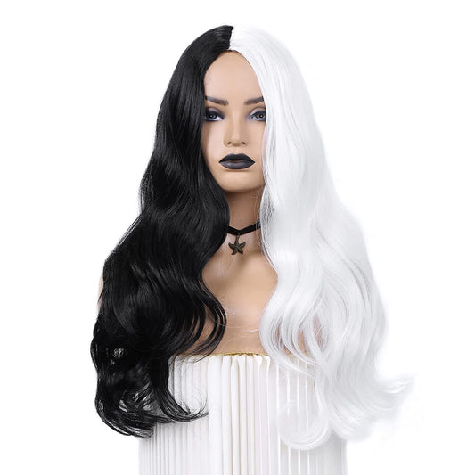 Half Black Half White Long Curly Wavy Wigs Synthetic Long wavy Wig Daily Party Cosplay Wigs