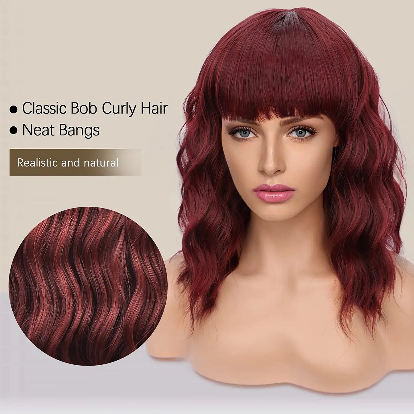 Bob Wavy Burgundy Hair Wig with Bang