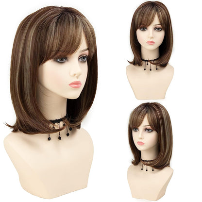  Ombre Brown Bob Wigs for White Women Brown with Blonde Highlight Layered Straight Bob Wig with Bangs