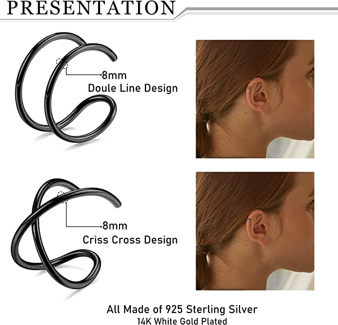 4Pcs Silver Cuff Cartilage Earrings-Black