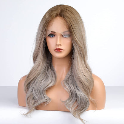 13X5 lace closure wigs Loose Wave Curly Wigs   Ombre Light Ash Blonde  Blonde Mixed Gray Middle Part Curly Wig Natural Synthetic Wig for Daily Use Party