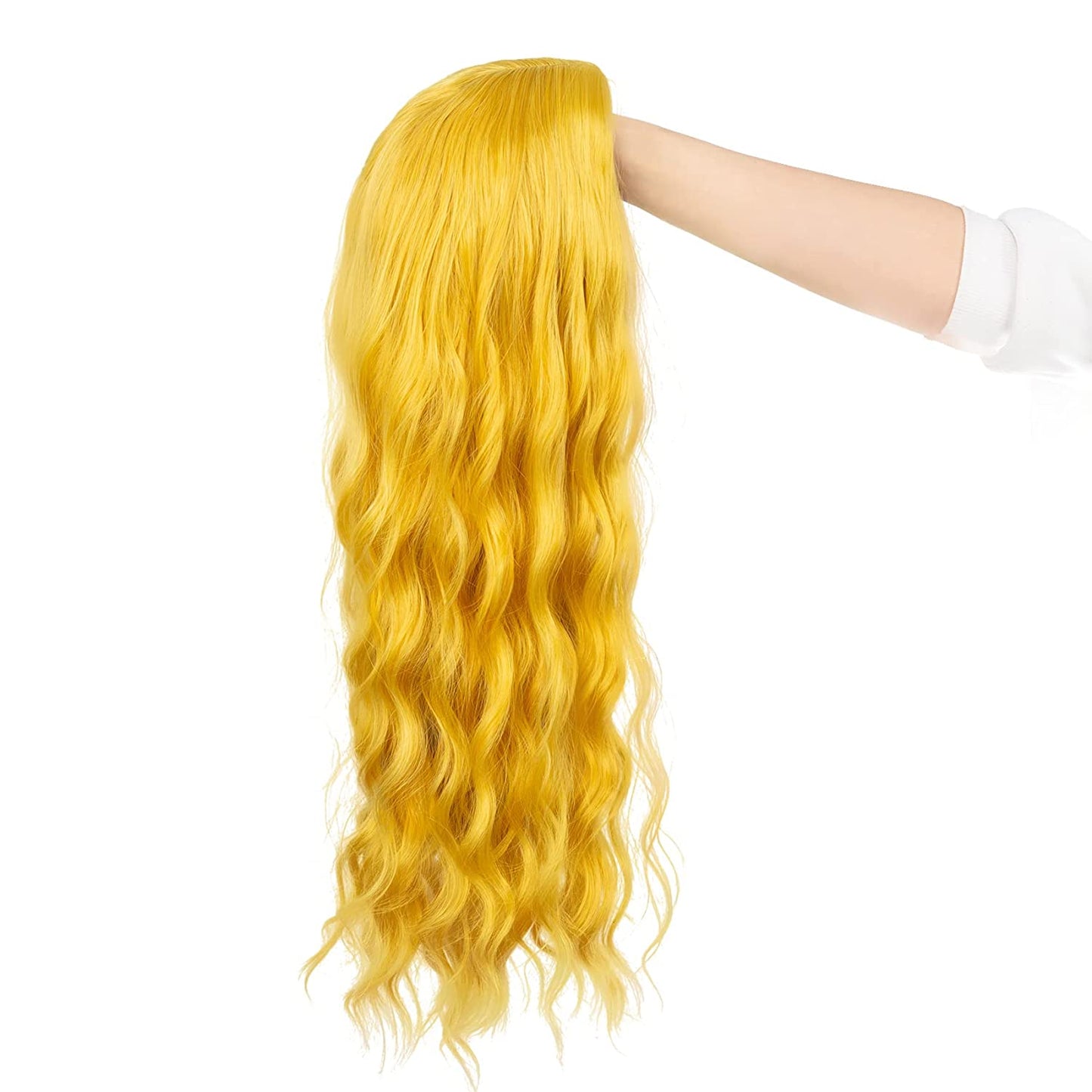 Yellow Long Curly Wavy Orange Middle Part Wig