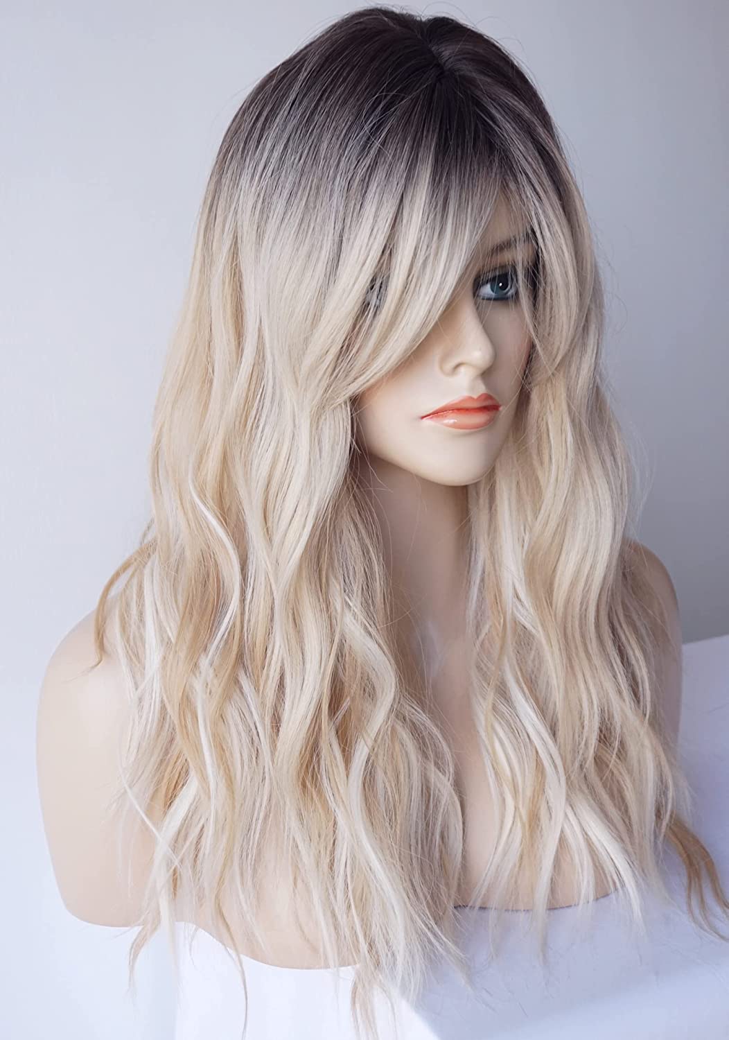 Black Roots Blonde Long Layered Shoulder Length Wig