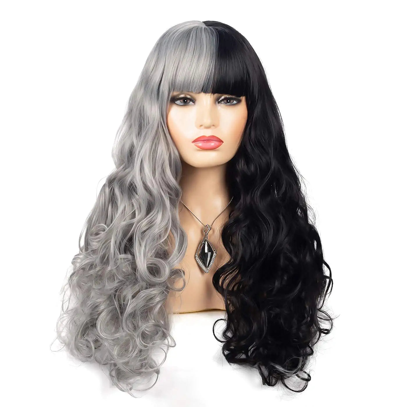 Half Black Half Gray Split Dye Wavy Hair Wig With Bangs