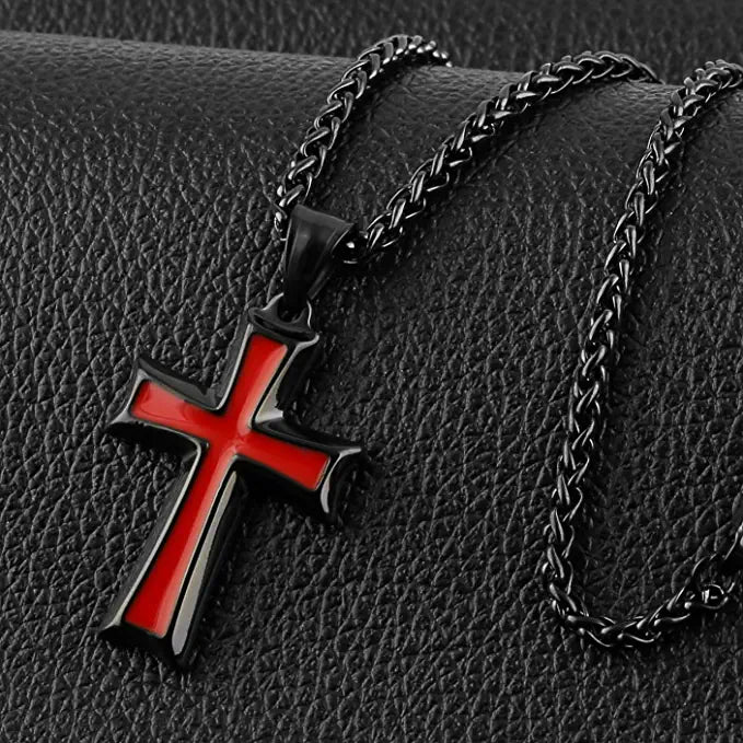 Black & Red Men's Stainless Steel Cross Pendant Necklace