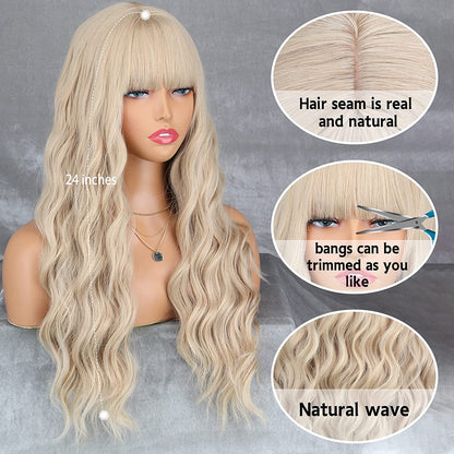 Long Blonde Wavy Wigs With Bangs for Women