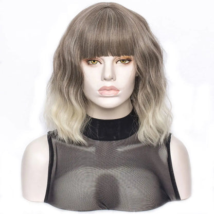 Ombre Brown Mix Short Bob Wavy Hair Wig with Bang