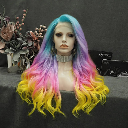 Rainbow Color Yellow Pink Blue Lace Front Wig