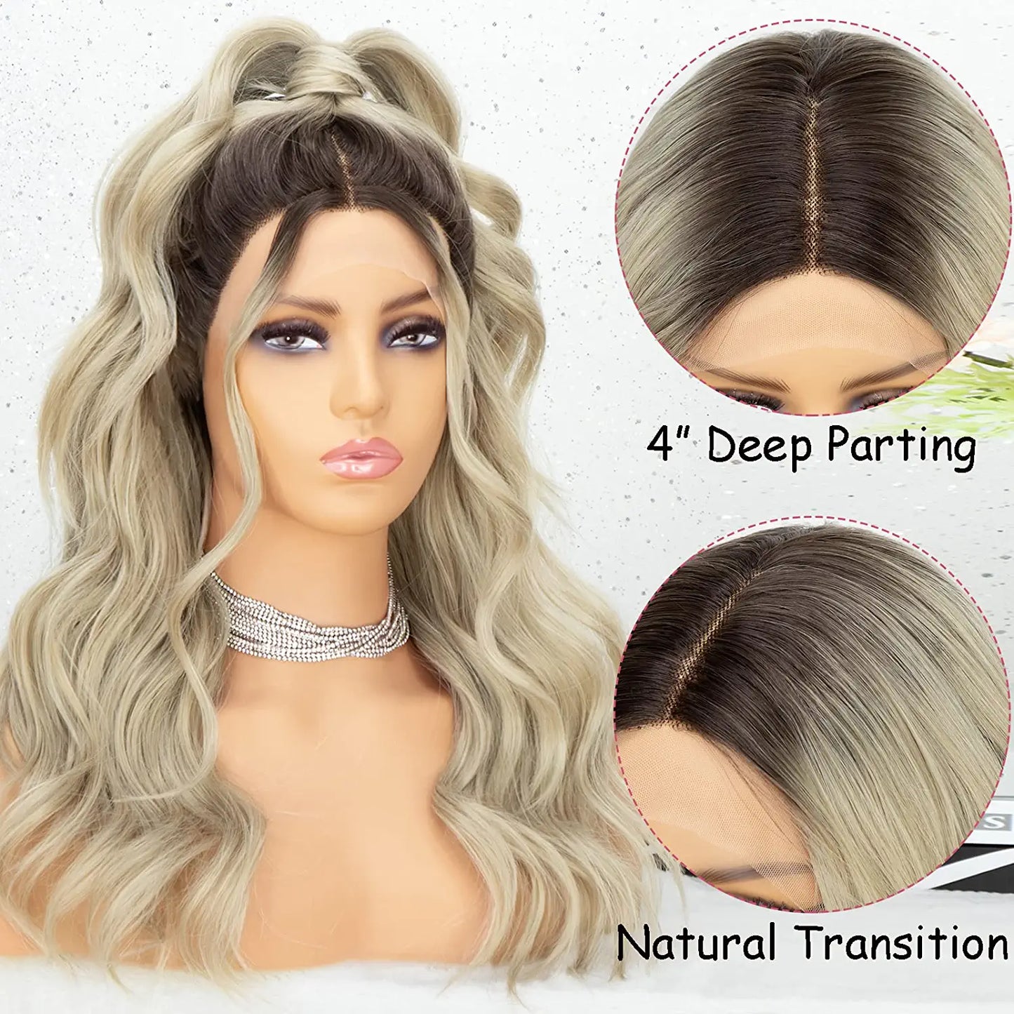 Ombre Blonde Roots Middle Parting Wavy Lace Wig