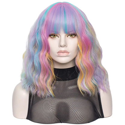 Rainbow Color Wavy Hair Wig with Bang