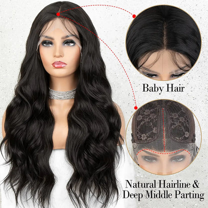 Black Hair Wig-Long Wavy Lace Front Wig