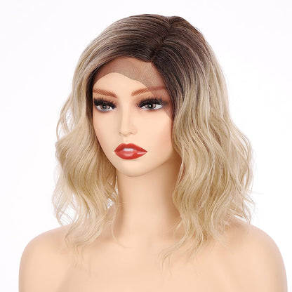 Shoulder Length Lace Front Short Wavy Hair Bob Wigs for Women (Blonde Blended with Dark Roots