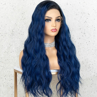 Ombre Blue-Black Roots Middle Parting Wavy Curly Lace Wig