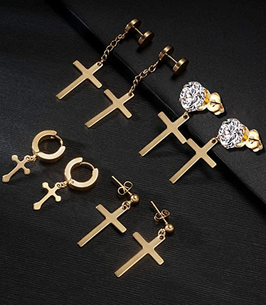 Gold Stainless Steel Cross Dangle Earrings