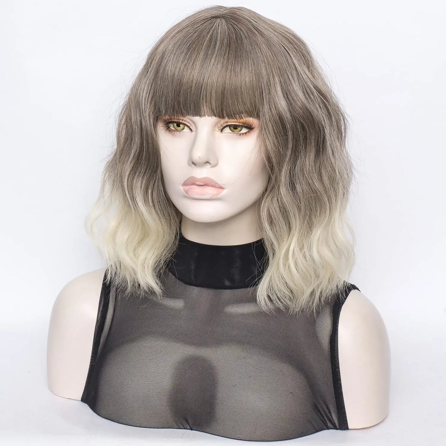 Ombre Brown Mix Short Bob Wavy Hair Wig with Bang