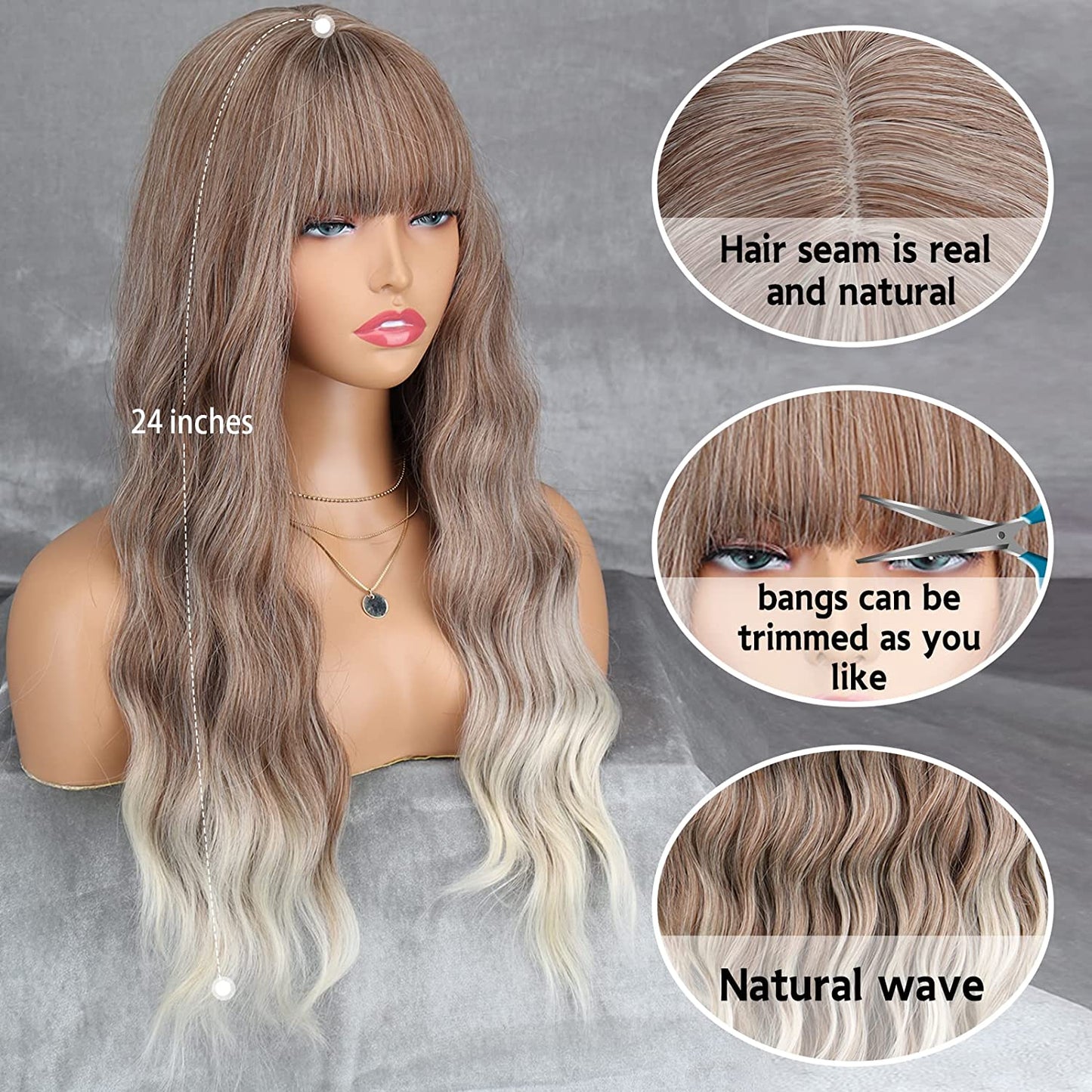 Long Blonde Wavy Wigs With Bangs for Women