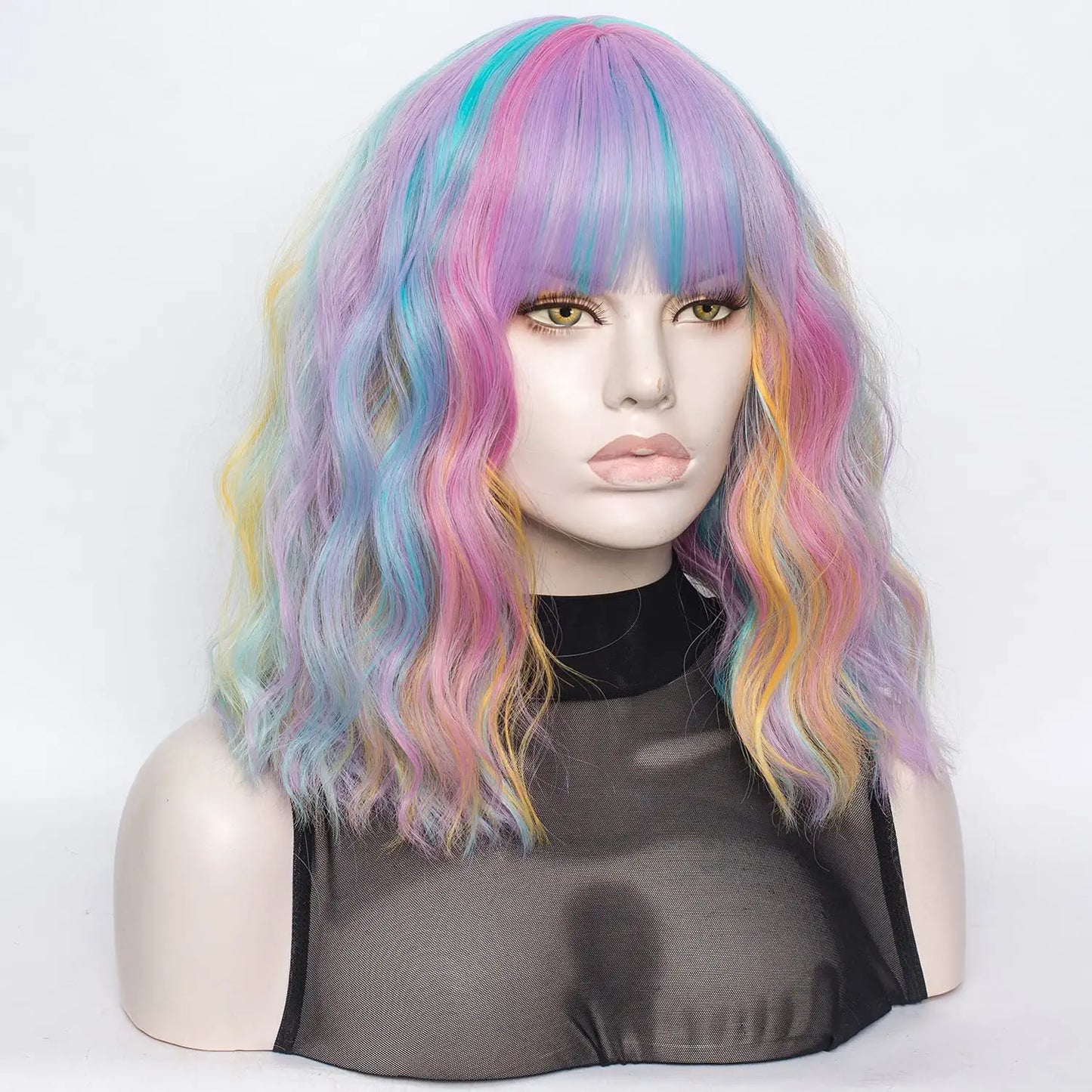 Rainbow Color Wavy Hair Wig with Bang