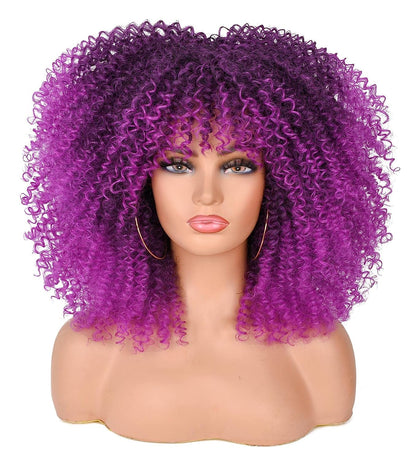 Kinky Curly Wigs With Bangs  for Black WomenBlack Ombre Purple