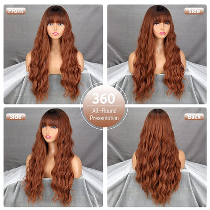  Long Wavy Light Brown Wig with BangsSynthetic Dark Brown Wigs 