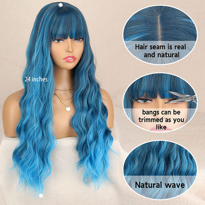 Long Wavy Blue Wig with Bangs