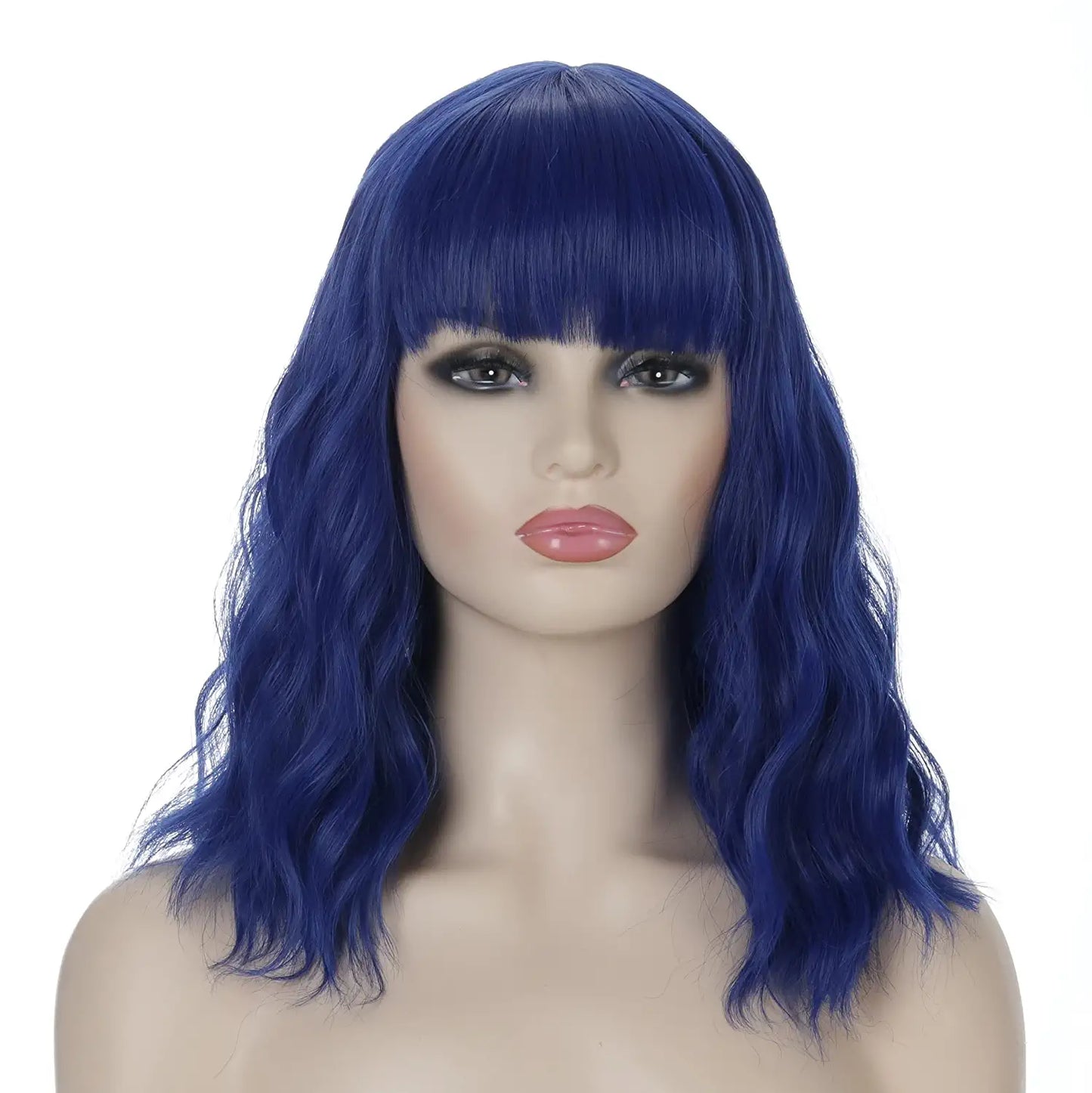 Dark Blue Short Bob Wavy Hair Wig with Bang